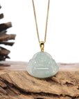 Burmese Ice Blue Green Jadeite Jade Happy Buddha Necklace With 18K Gold Bail