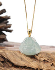 Burmese Ice Blue Green Jadeite Jade Happy Buddha Necklace With 18K Gold Bail