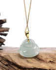 Burmese Ice Blue Green Jadeite Jade Happy Buddha Necklace With 18K Gold Bail