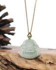 Burmese Blue Jadeite Jade Happy Buddha Necklace With 18K Gold Bail