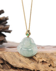 Burmese Blue Jadeite Jade Happy Buddha Necklace With 18K Gold Bail