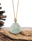 Burmese Blue Jadeite Jade Happy Buddha Necklace With 18K Gold Bail