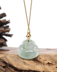 Burmese Blue Jadeite Jade Happy Buddha Necklace With 18K Gold Bail