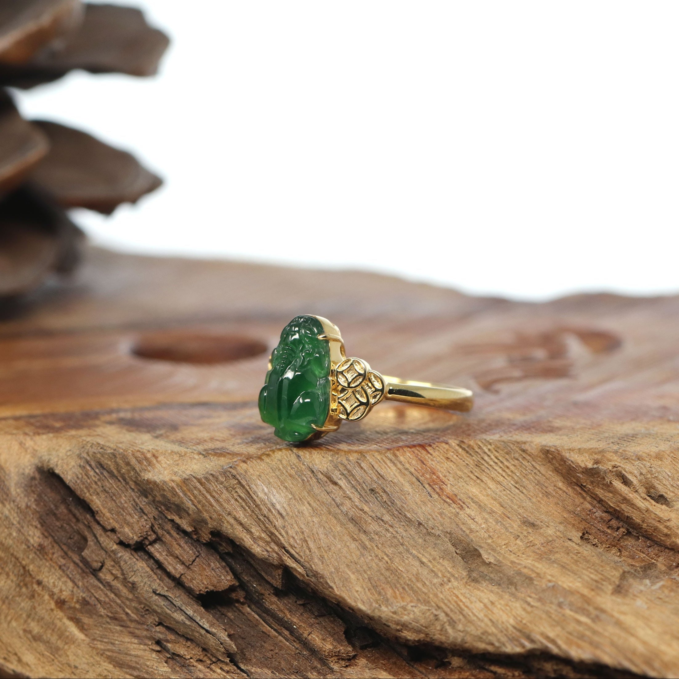 Baikalla 18k Gold Natural Imperial Green Jadeite Jade Pixiu Ring w