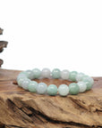 Baikalla Natural Green & White Jadeite Jade Round Green Beads Bracelet (9.5mm)