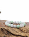 Baikalla Natural Green & White Jadeite Jade Round Beads Bracelet (9.5mm)