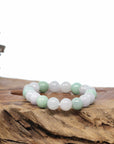 Baikalla Natural Green & White Jadeite Jade Round Beads Bracelet (9.5mm)