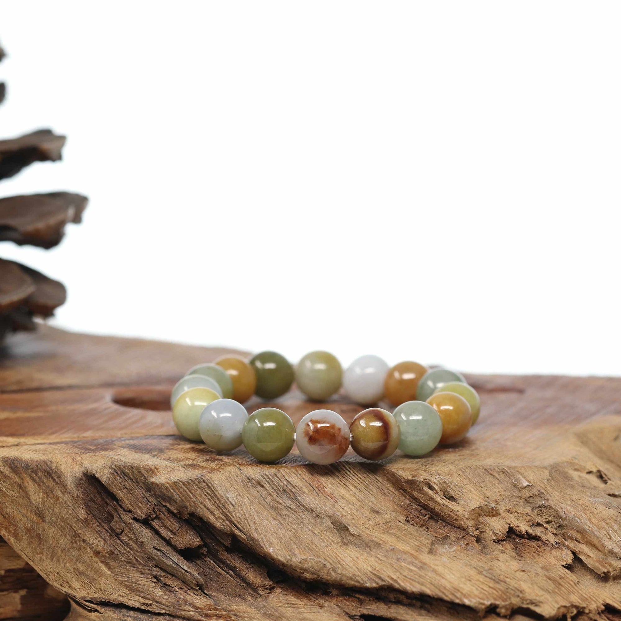 Baikalla Natural Jadeite Jade Round Multi Color Yellow &amp; Green Beads Bracelet (9.5mm)
