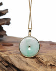 14K Yellow Gold "Good Luck Button" Necklace Green Jadeite Jade Lucky KouKou Pendant Necklace