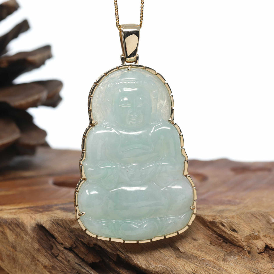 Baikalla 14k "Goddess of Compassion" Genuine Burmese Jadeite Jade Guanyin Necklace With Good Luck Design