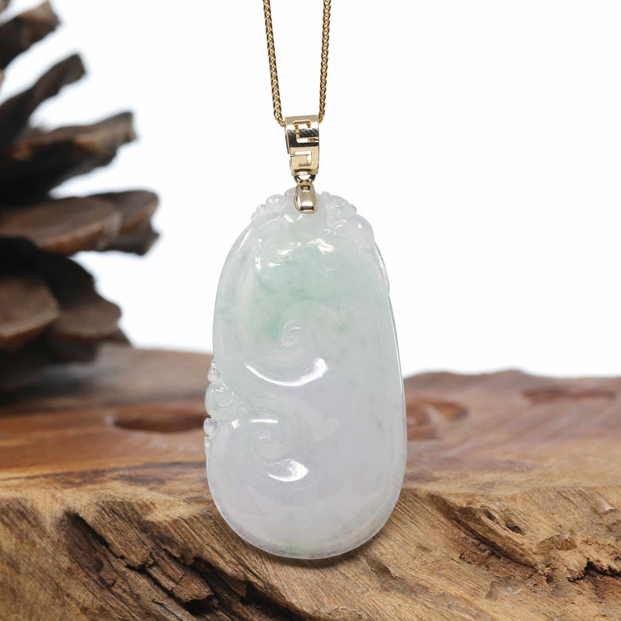 Genuine Ice Lavender Jadeite Jade RuYi Pendant Necklace With 18K Gold Bail
