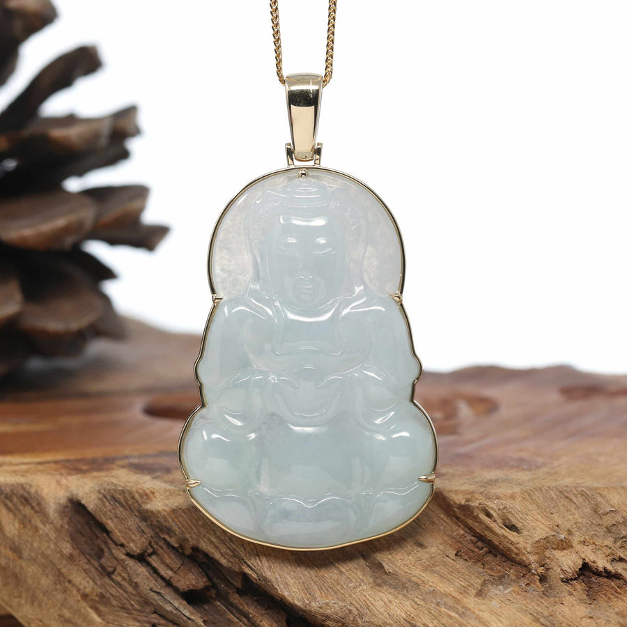 Baikalla 14k "Goddess of Compassion" Genuine Burmese Jadeite Jade Guanyin Necklace