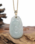 Genuine Ice Blue Jadeite Jade RuYi Pendant Necklace With 18K Gold Bail