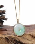 14K Yellow Gold "Good Luck Button" Necklace Green Jadeite Jade Lucky KouKou Pendant Necklace
