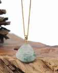 Burmese Ice Blue Green Jadeite Jade Happy Buddha Necklace With 18K Gold Bail