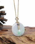 "Good Luck Button" Jadeite Jade Lucky KouKou Pendant With 14K Yellow Gold Bail