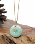 "Good Luck Button" Jadeite Jade Lucky KouKou Pendant With 14K Yellow Gold Bail