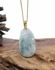 Genuine Ice Jadeite Jade RuYi Pendant Necklace With 18K Gold Bail
