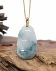 Genuine Ice Jadeite Jade RuYi Pendant Necklace With 18K Gold Bail