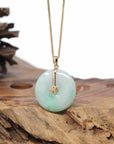 "Good Luck Button" Jadeite Jade Lucky KouKou Pendant With 14K Yellow Gold Bail