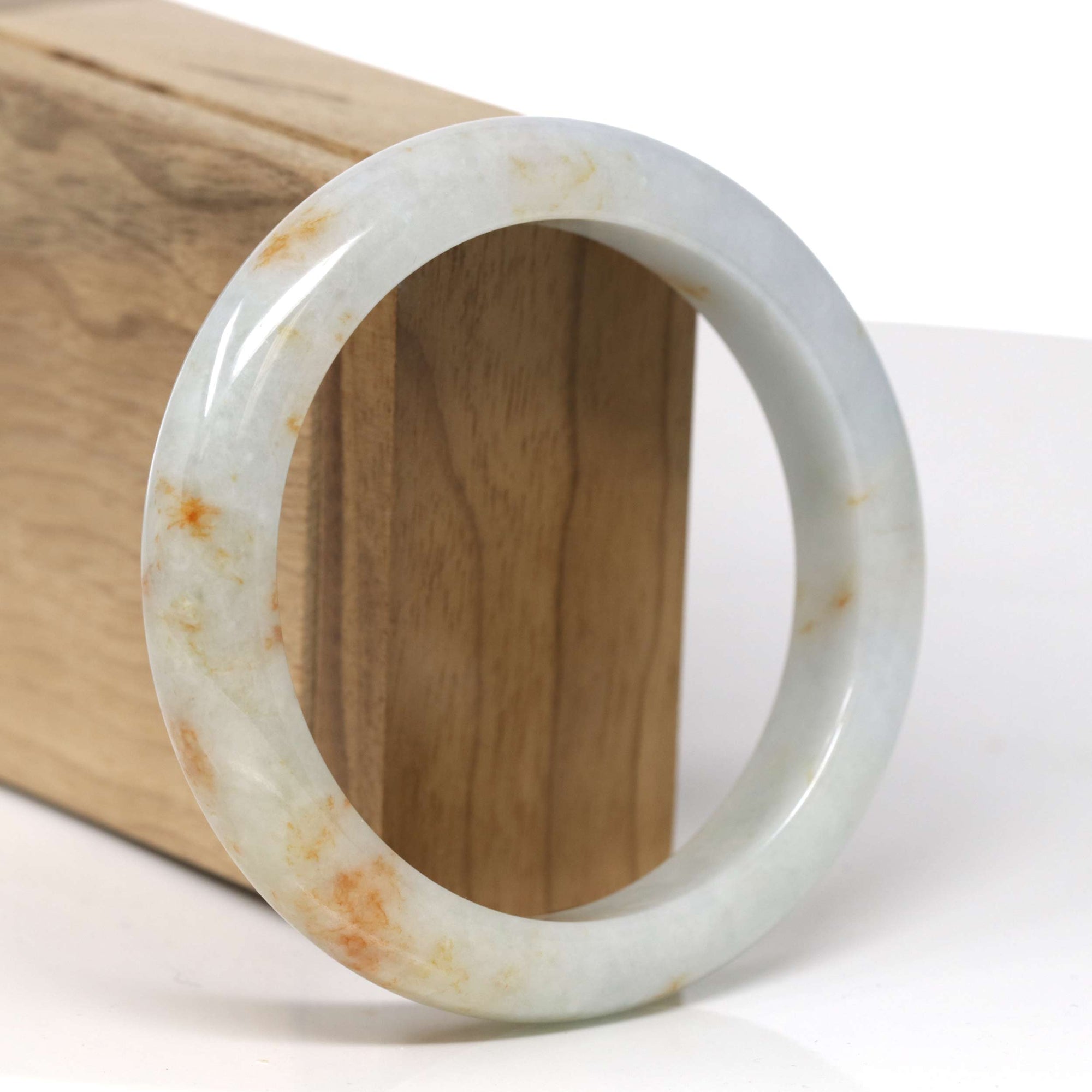 Baikalla Natural Light Green &amp; Orange Sajin (Golden Dust) Jadeite Jade "Half Round" Bangle Bracelet (59.6mm) 