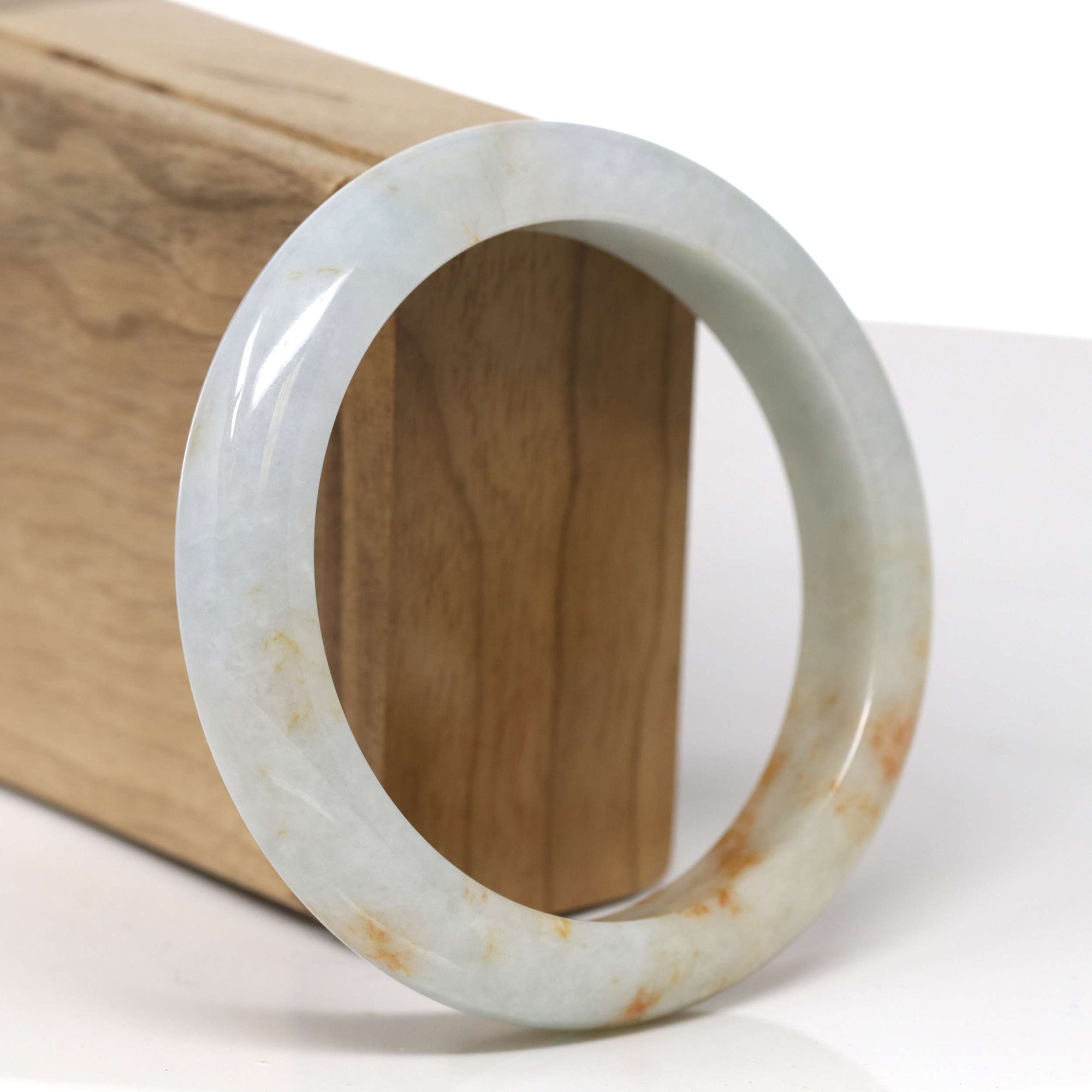 Baikalla Natural Light Green &amp; Orange Sajin (Golden Dust) Jadeite Jade "Half Round" Bangle Bracelet (59.6mm) 