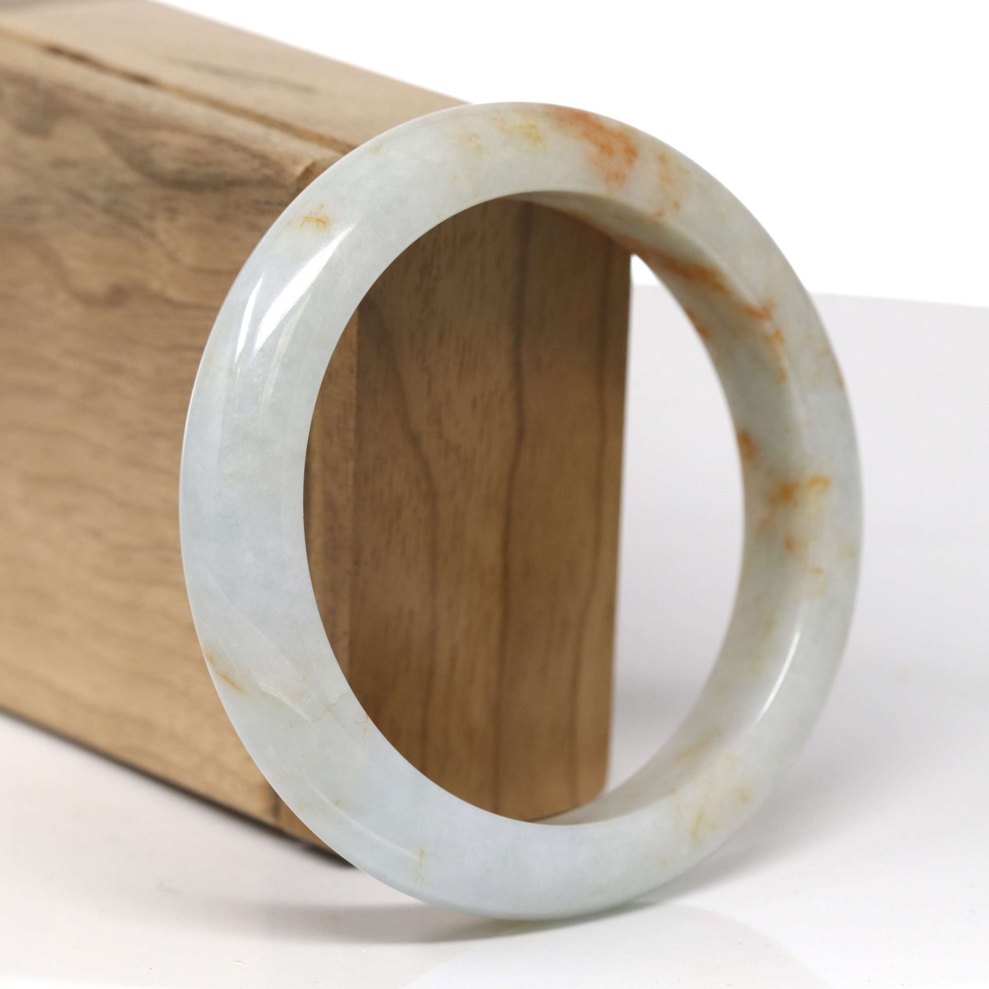 Baikalla Natural Light Green &amp; Orange Sajin (Golden Dust) Jadeite Jade "Half Round" Bangle Bracelet (59.6mm) 