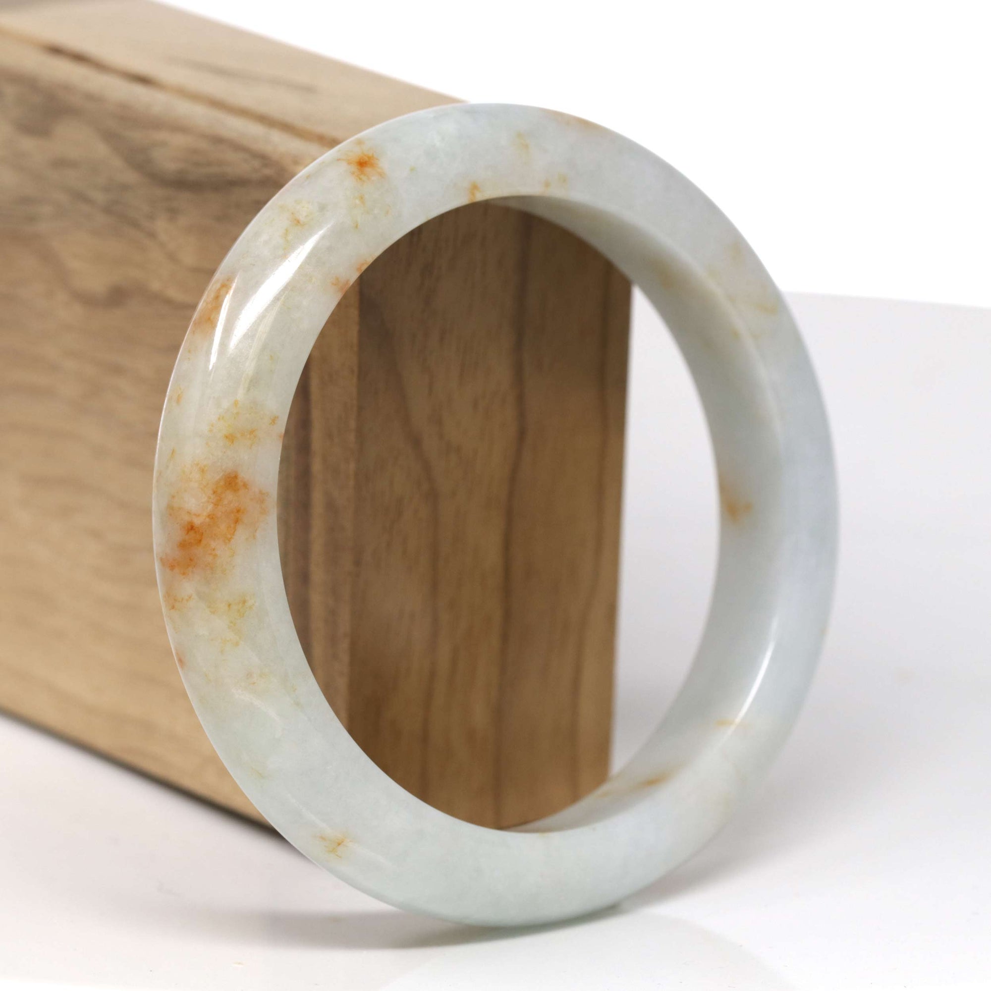 Baikalla Natural Light Green &amp; Orange Sajin (Golden Dust) Jadeite Jade "Half Round" Bangle Bracelet (59.6mm) 