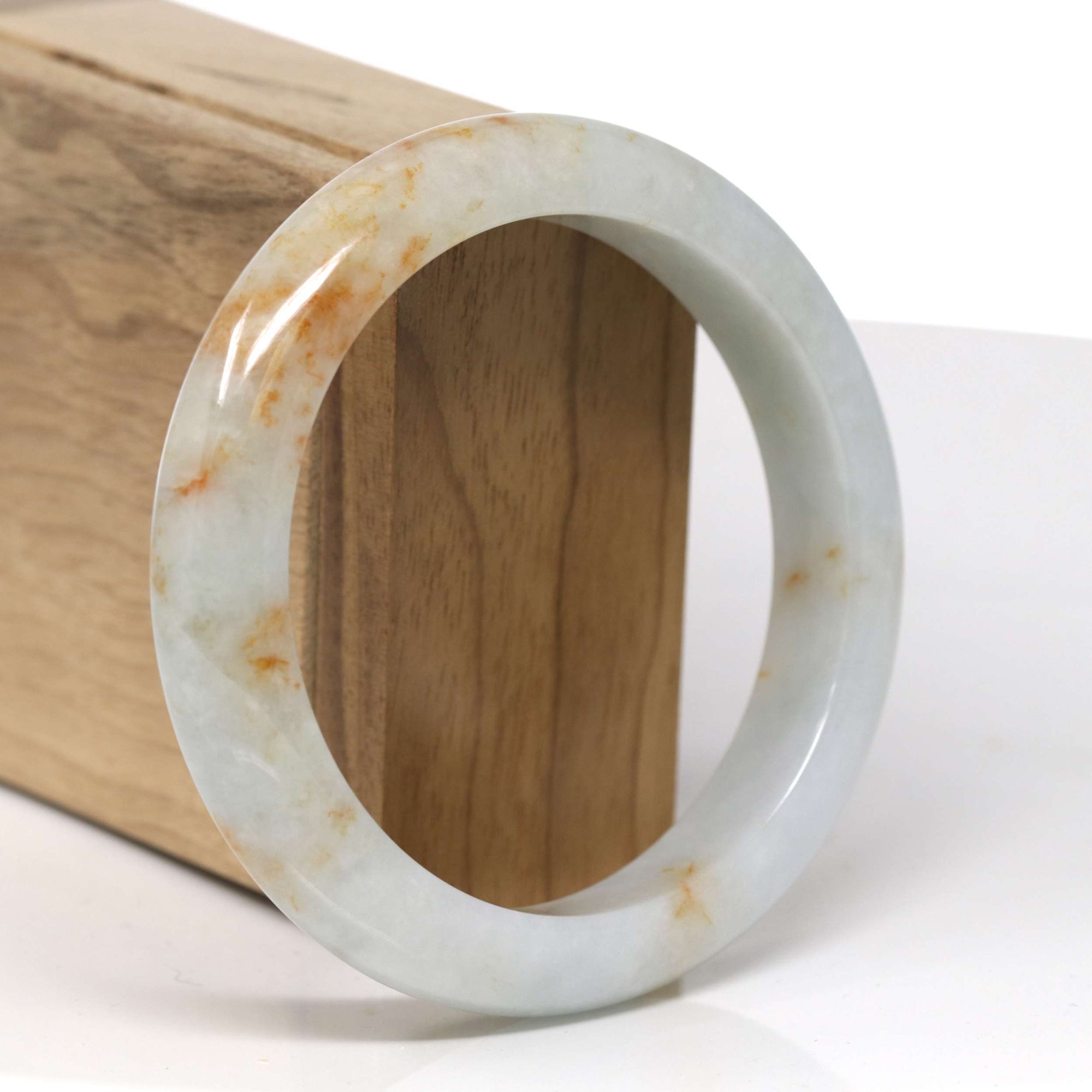 Baikalla Natural Light Green &amp; Orange Sajin (Golden Dust) Jadeite Jade "Half Round" Bangle Bracelet (59.6mm) 