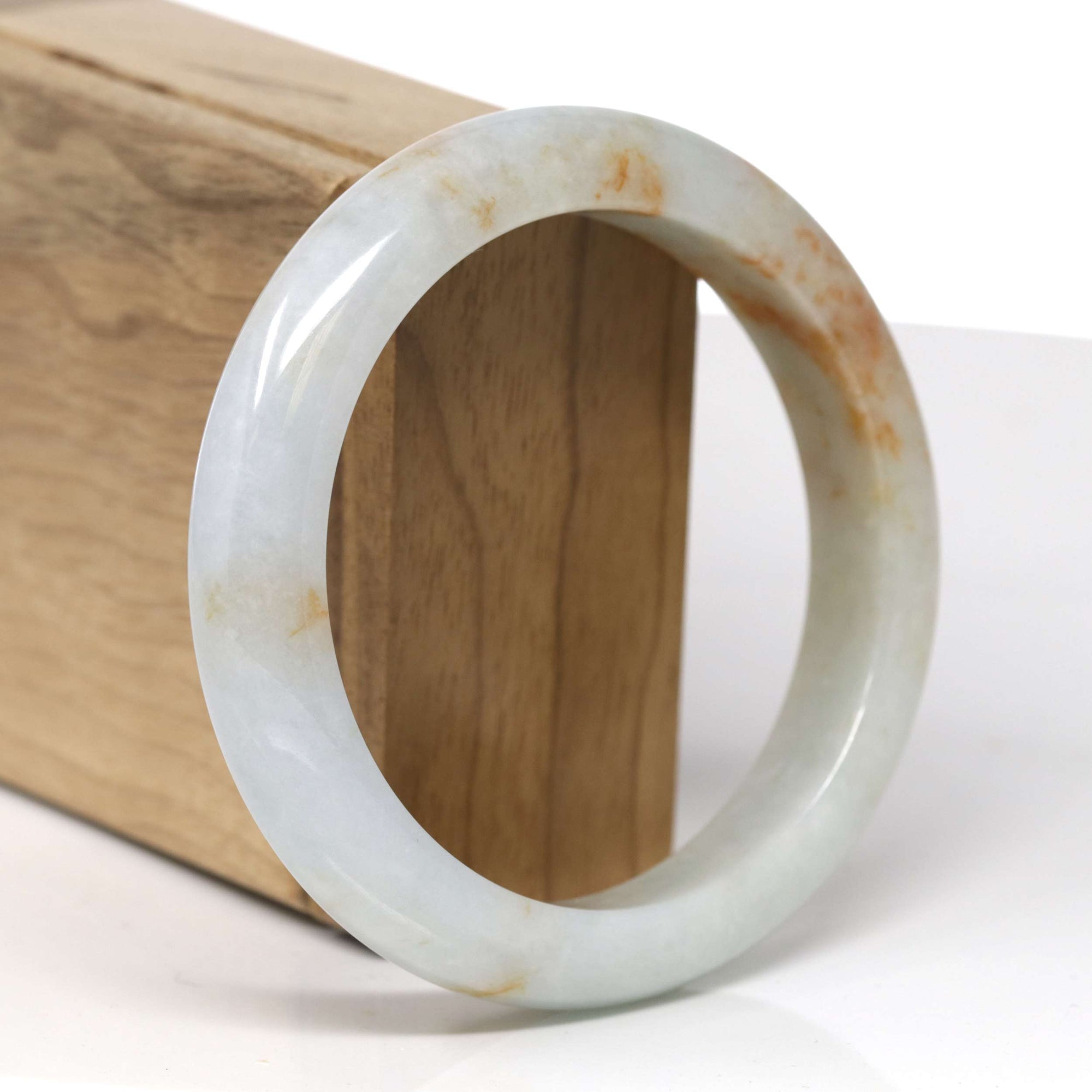 Baikalla Natural Light Green &amp; Orange Sajin (Golden Dust) Jadeite Jade "Half Round" Bangle Bracelet (59.6mm) 