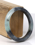 Baikalla Natural Black Wuji W/ Light Green Patches Jadeite Jade "Half Round" Bangle Bracelet (57.9mm) 
