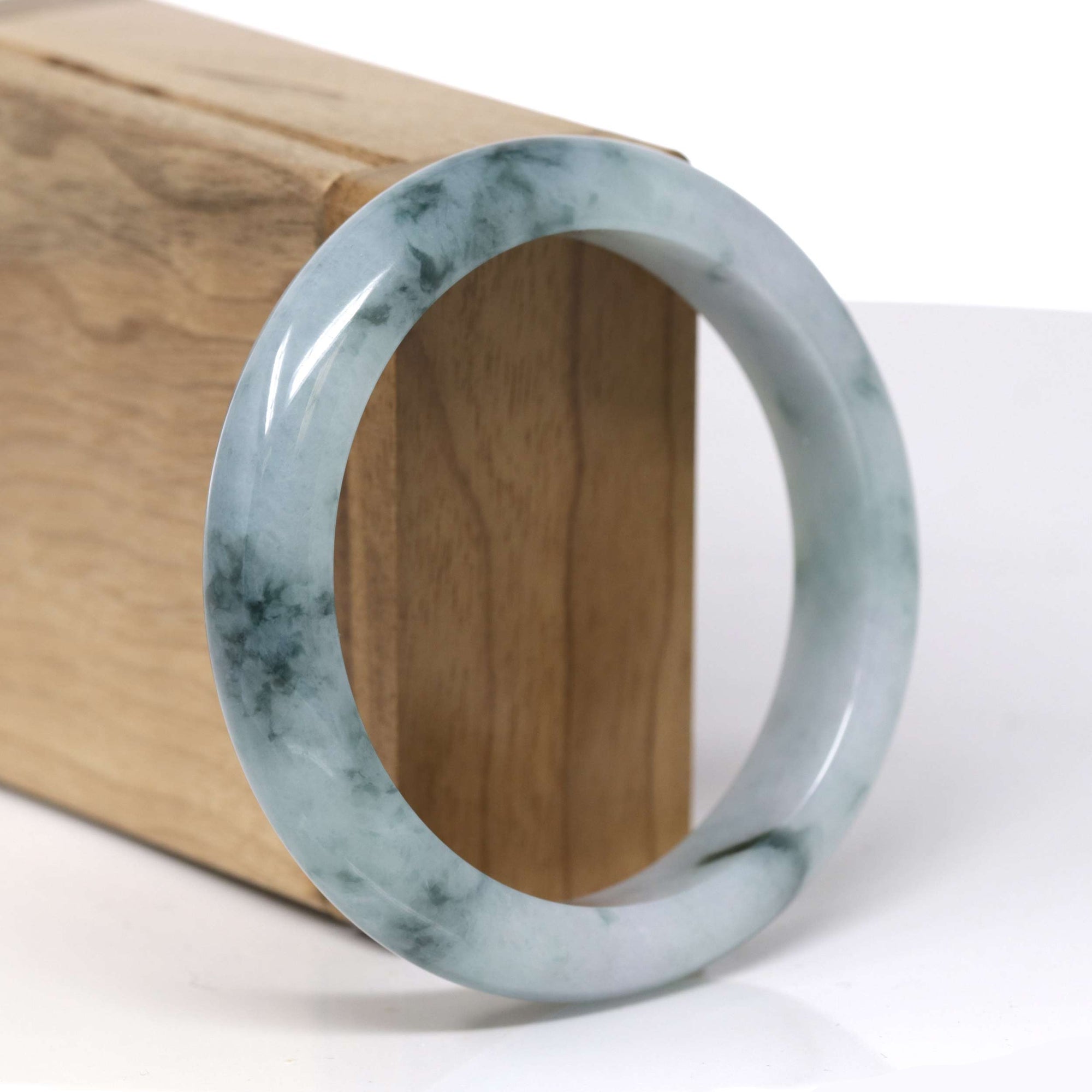 Baikalla Natural Blue-Green Flower Jadeite Jade "Half Round" Bangle Bracelet (57.5mm) 