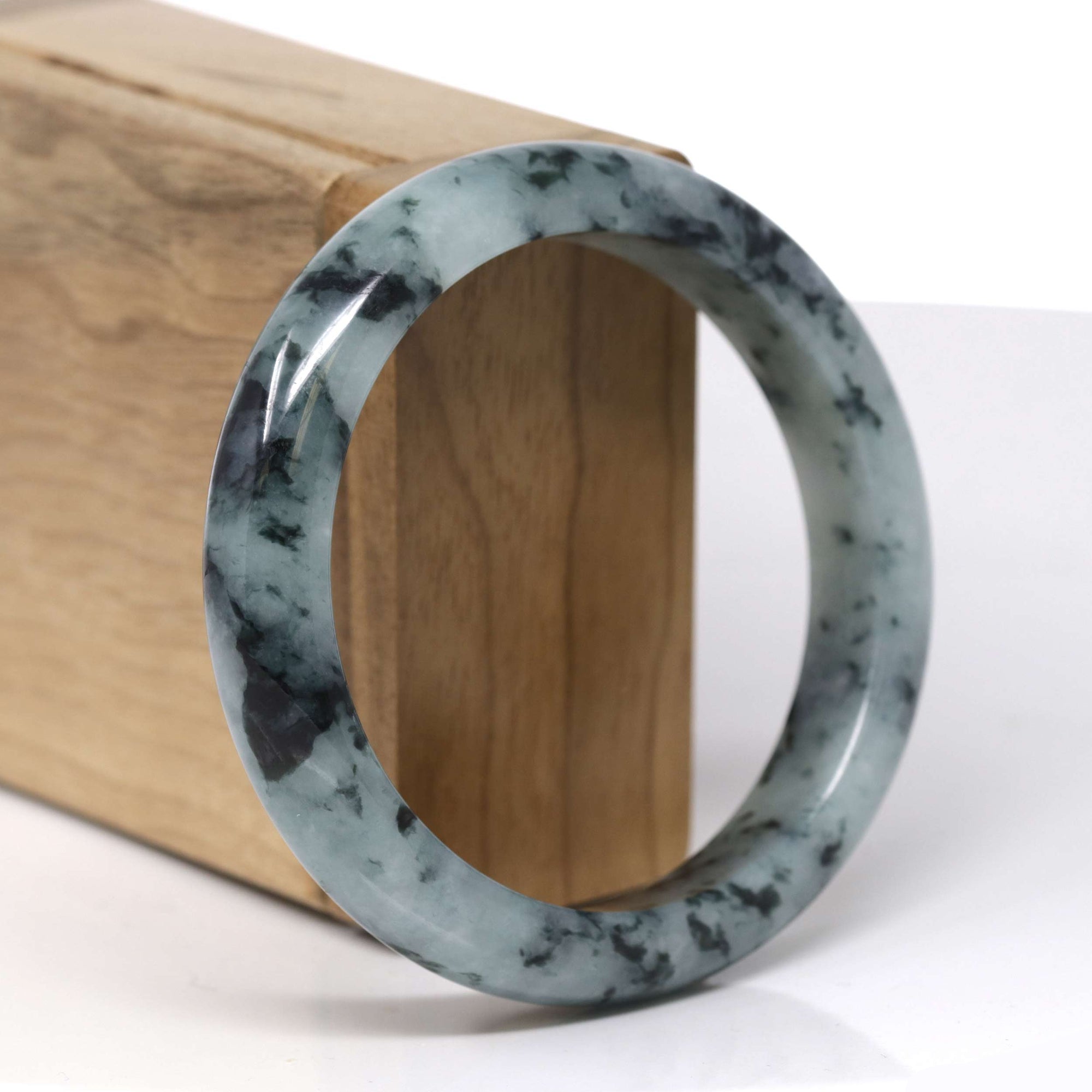 Baikalla Natural Deep Blue-Green Flower Jadeite Jade "Half Round" Bangle Bracelet (57.7mm) 