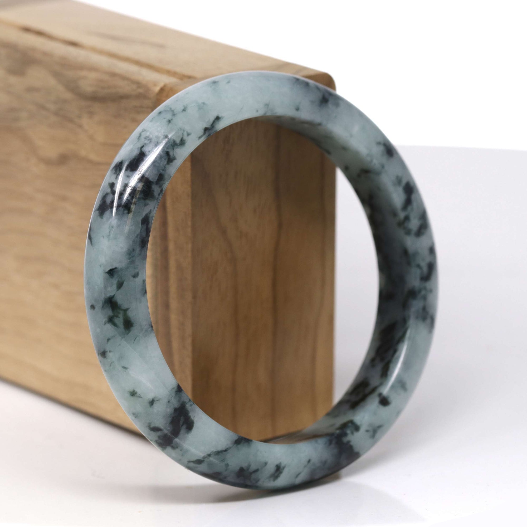 Baikalla Natural Deep Blue-Green Flower Jadeite Jade "Half Round" Bangle Bracelet (57.7mm) 