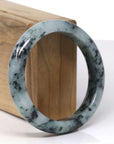 Baikalla Natural Deep Blue-Green Flower Jadeite Jade "Half Round" Bangle Bracelet (57.7mm) 