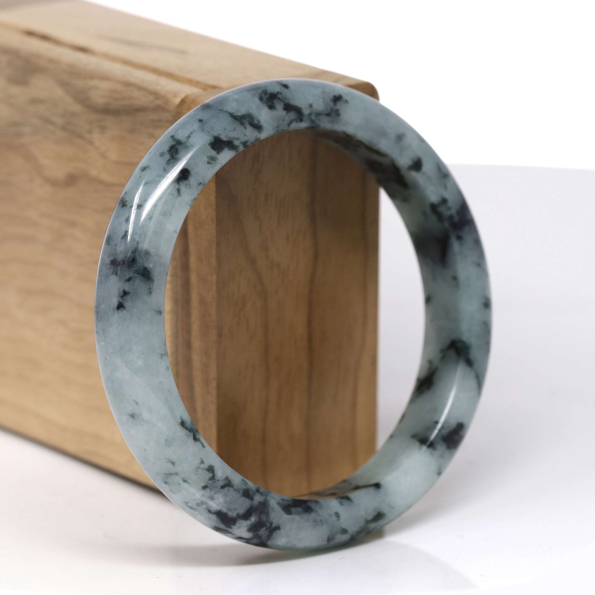 Baikalla Natural Deep Blue-Green Flower Jadeite Jade "Half Round" Bangle Bracelet (57.7mm) 