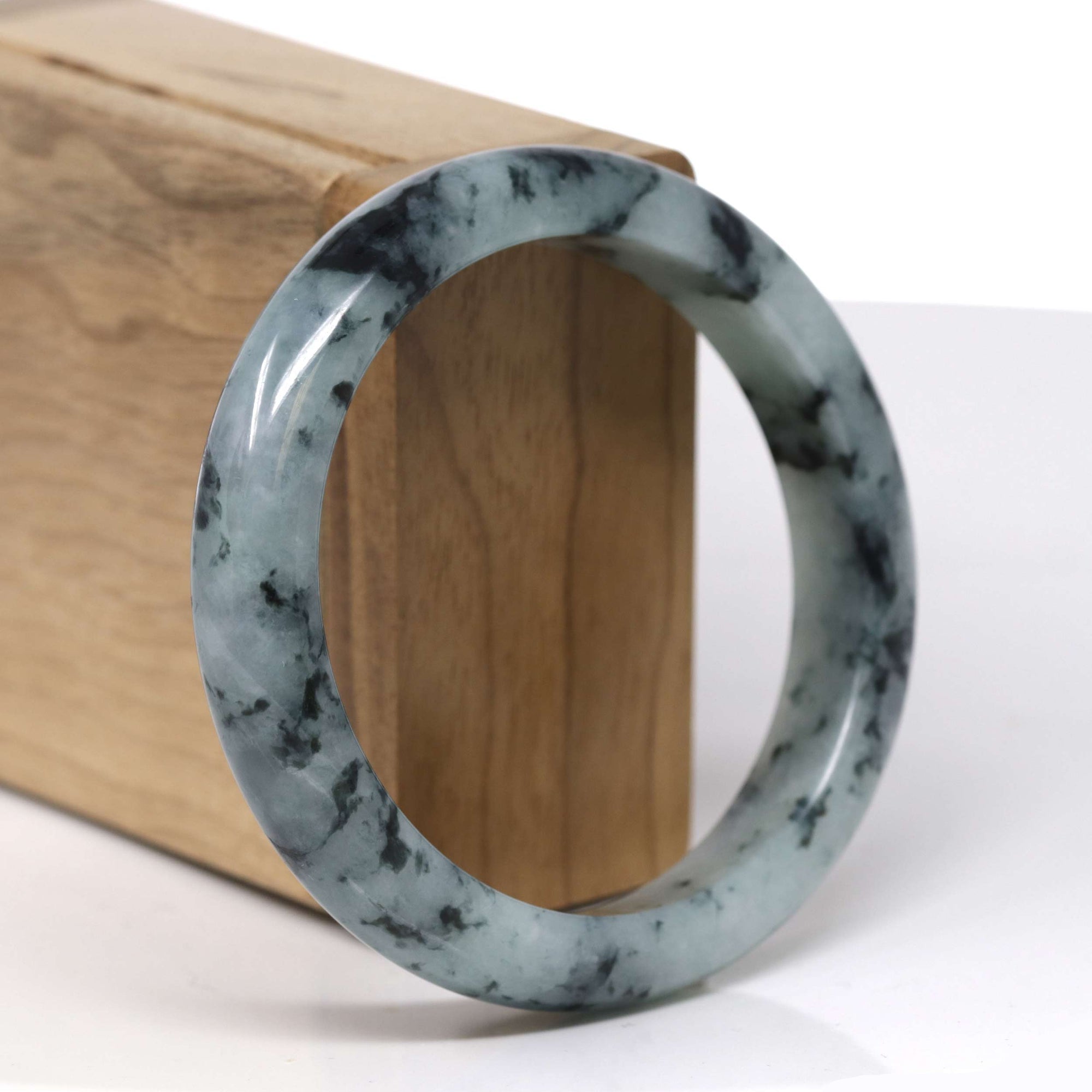 Baikalla Natural Deep Blue-Green Flower Jadeite Jade "Half Round" Bangle Bracelet (57.7mm) 