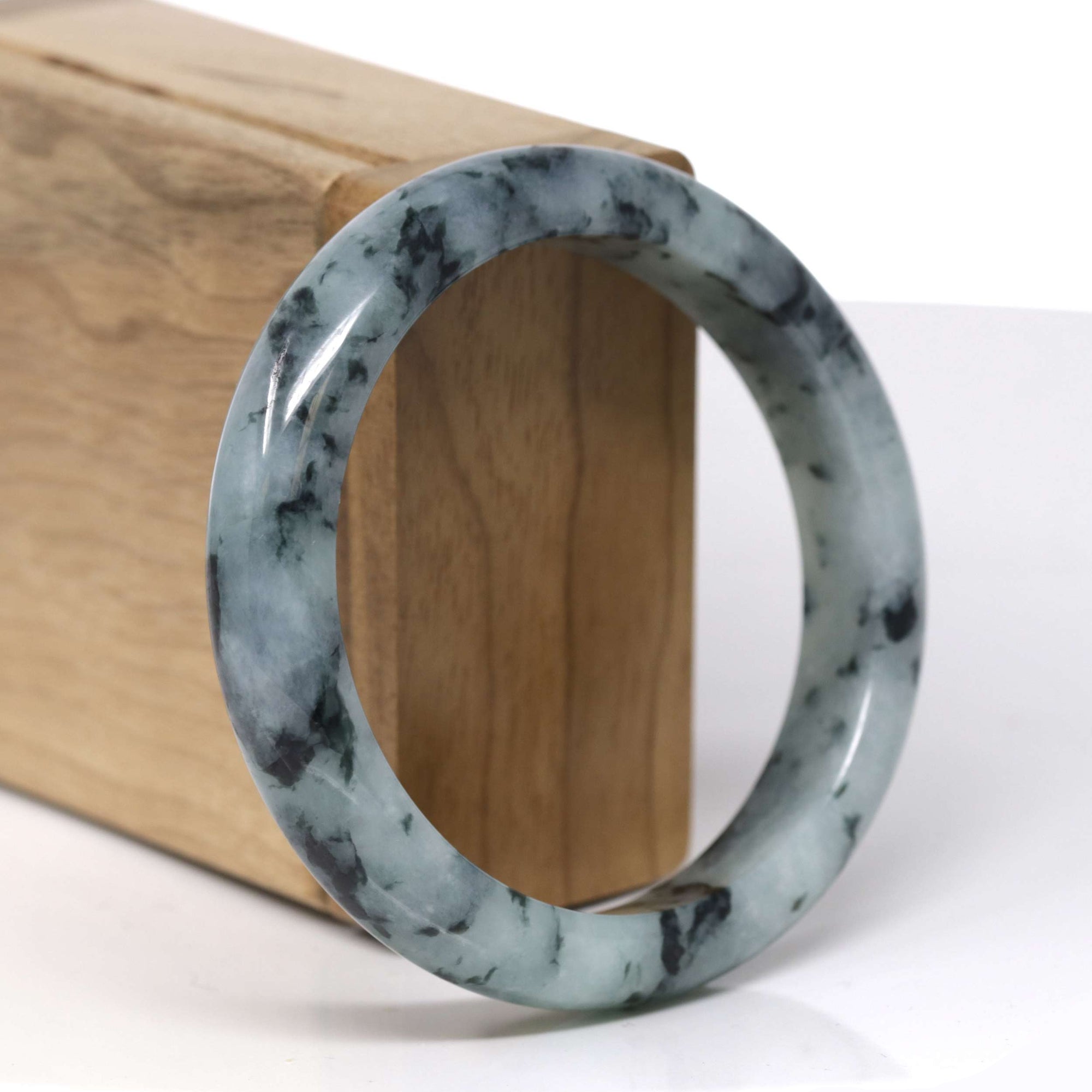 Baikalla Natural Deep Blue-Green Flower Jadeite Jade "Half Round" Bangle Bracelet (57.7mm) 