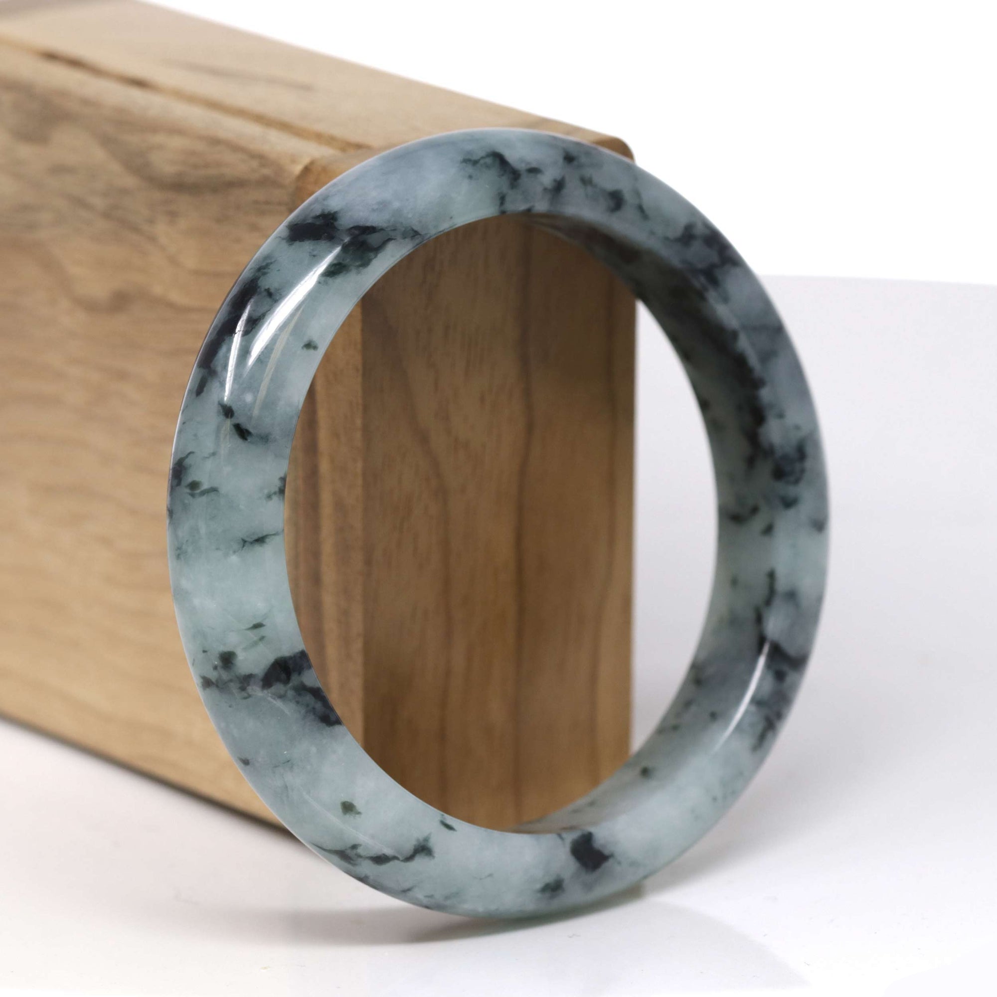 Baikalla Natural Deep Blue-Green Flower Jadeite Jade "Half Round" Bangle Bracelet (57.7mm) 