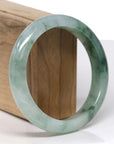 Baikalla Natural Icy Light Green W/ Deep Green Flower Jadeite Jade "Half Round" Bangle Bracelet (60.4mm) 