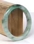 Baikalla Natural Icy Light Green W/ Deep Green Flower Jadeite Jade "Half Round" Bangle Bracelet (60.4mm) 