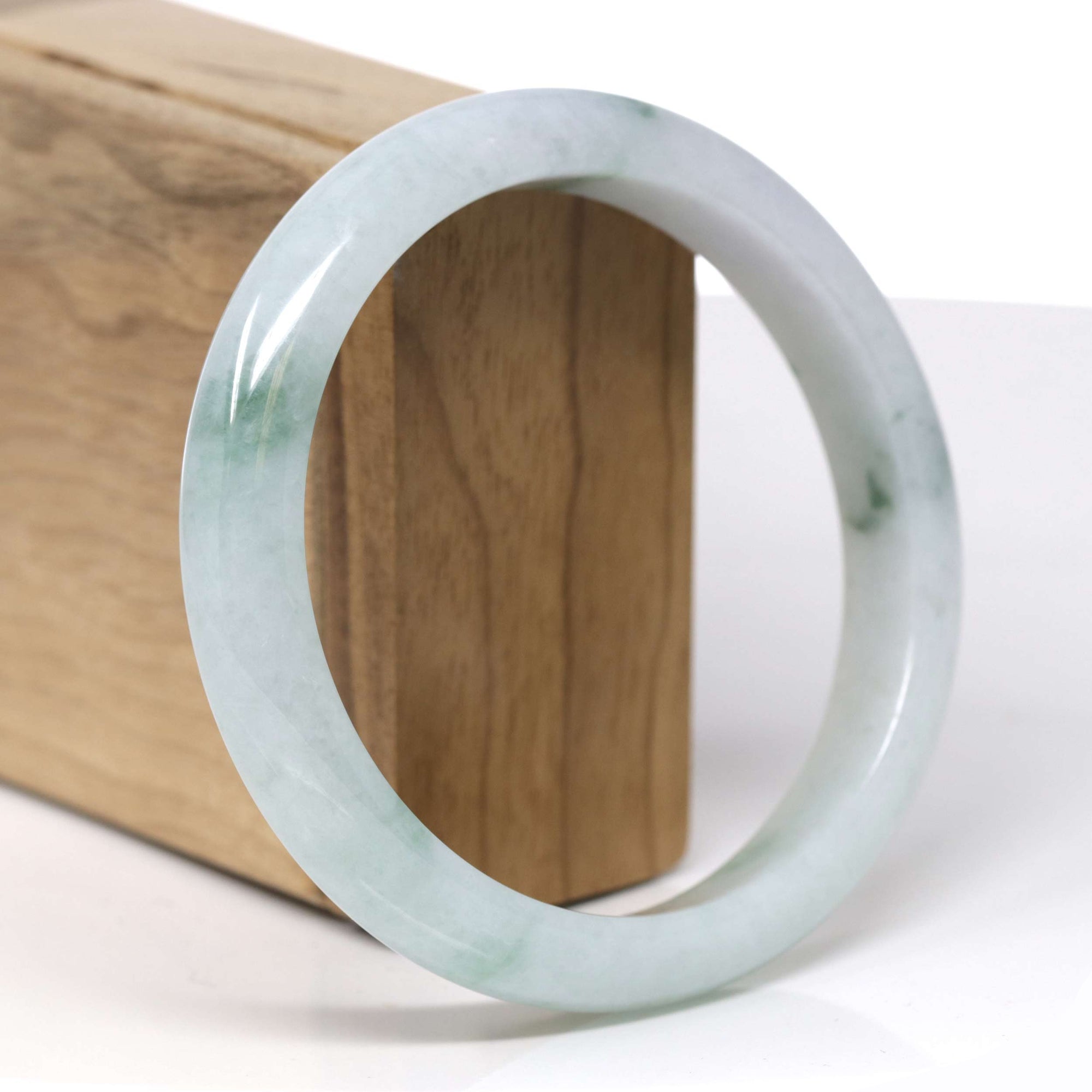 Baikalla Natural Light Blue-Green W/ Deep Green Flowers Jadeite Jade "Half Round" Bangle Bracelet (62.9mm) 