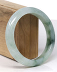 Baikalla Natural Icy Light Green W/ Deep Green Flowers Jadeite Jade "Half Round" Bangle Bracelet (60.4mm) 