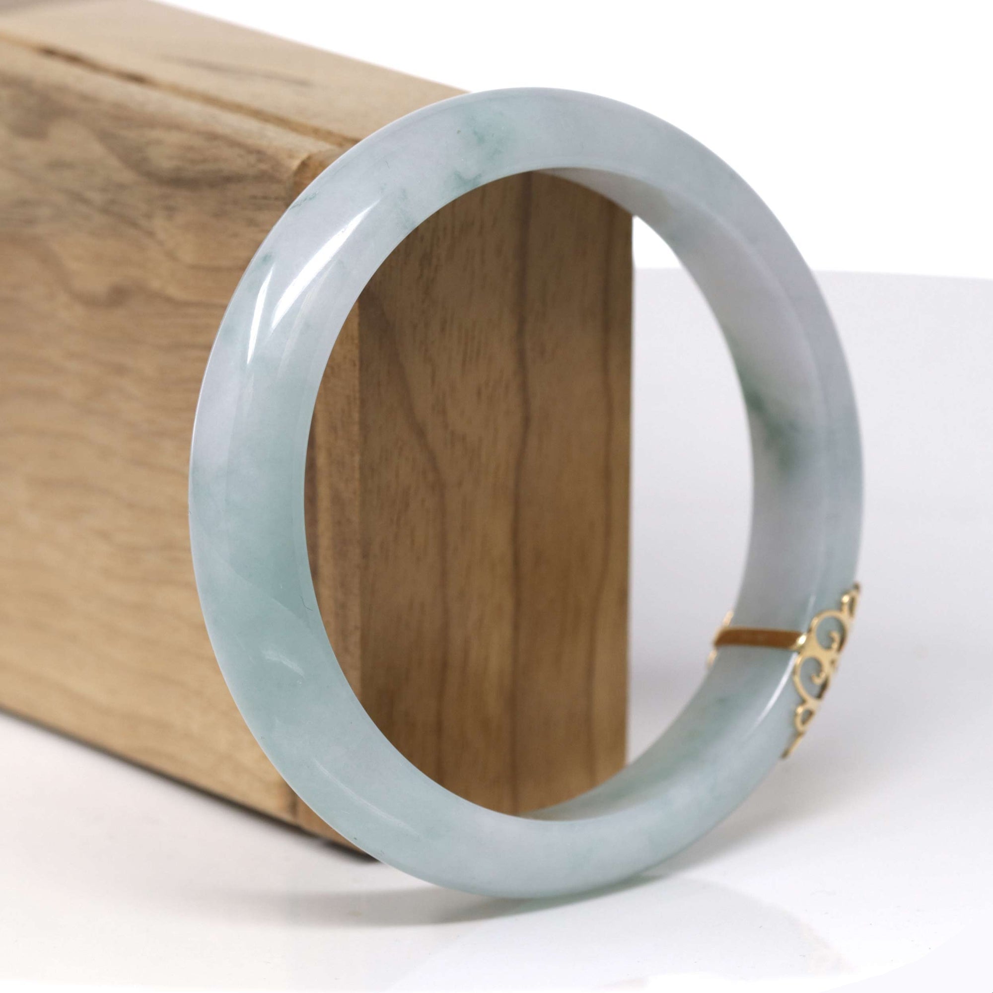 Baikalla Natural Light Blue-Green Jadeite Jade "Half Round" Bangle Bracelet W/ 18ky Gold Accent (61.1mm) 