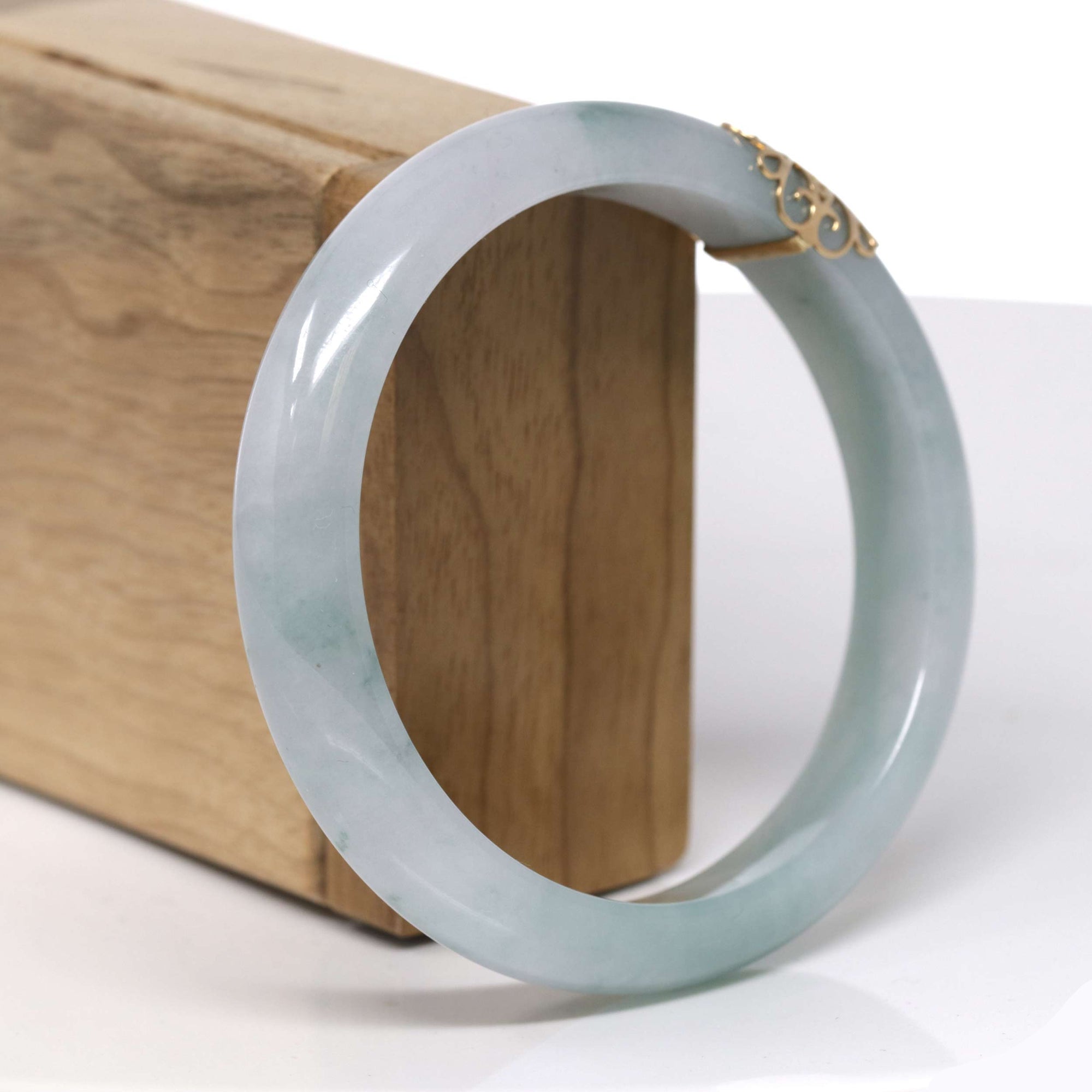Baikalla Natural Light Blue-Green Jadeite Jade "Half Round" Bangle Bracelet W/ 18ky Gold Accent (61.1mm) 