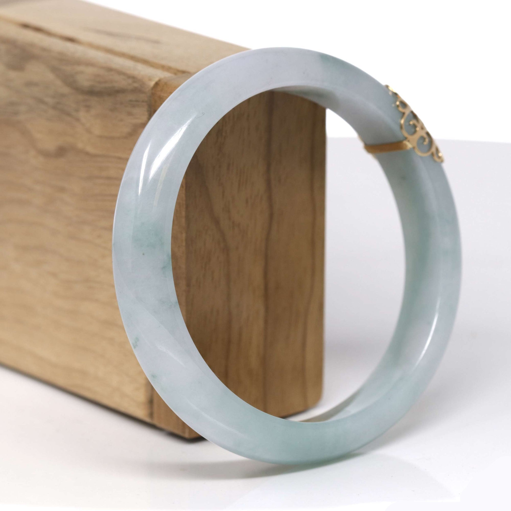 Baikalla Natural Light Blue-Green Jadeite Jade "Half Round" Bangle Bracelet W/ 18ky Gold Accent (61.1mm) 