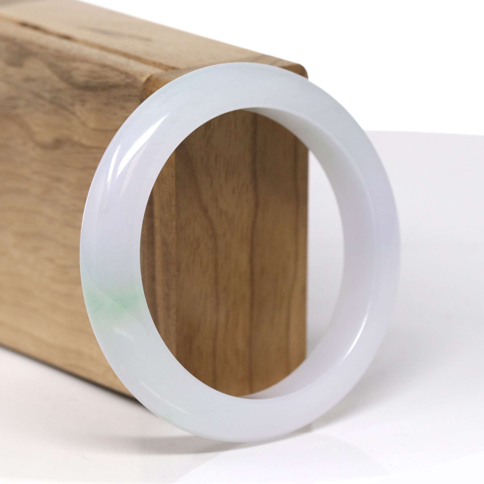 High-End Natural Icy Apple-Green Patches Jadeite Jade "Half Round" Bangle Bracelet (55.6mm) 