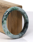 Baikalla Natural Deep Green Flower & Black Wuji Jadeite Jade "Half Round" Bangle Bracelet (55mm) 