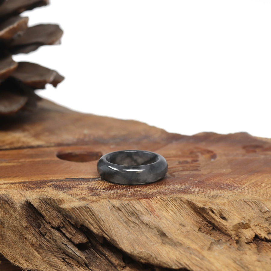 Baikalla Natural Icy Black Wuji Jadeite Jade Traditional Ring #6.25