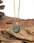 Baikalla Natural Icy Deep Blue-Green Jadeite Jade "Ping An Kou" (Good Luck Button) Pendant W/ 18ky Gold Bail & Natural Diamonds